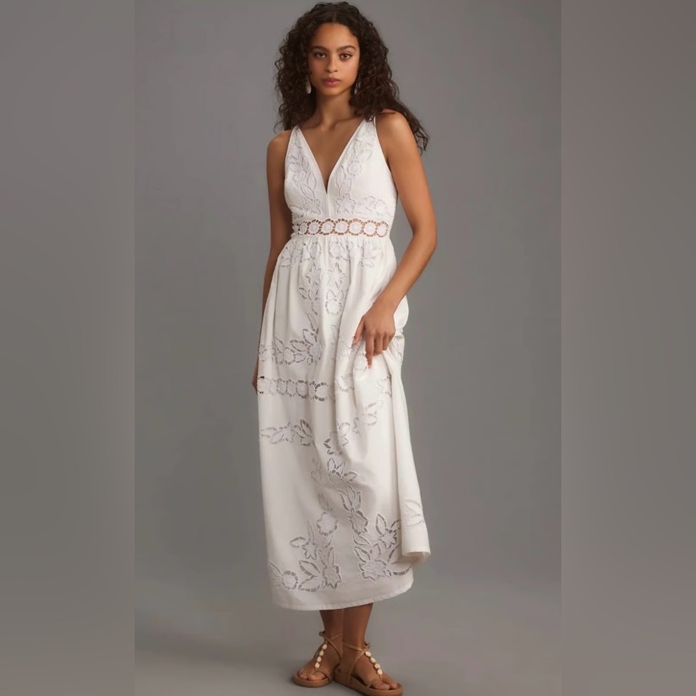 Anthropologie Vineet Bahl White Floral Cutwork Midi Dress - Size: XL